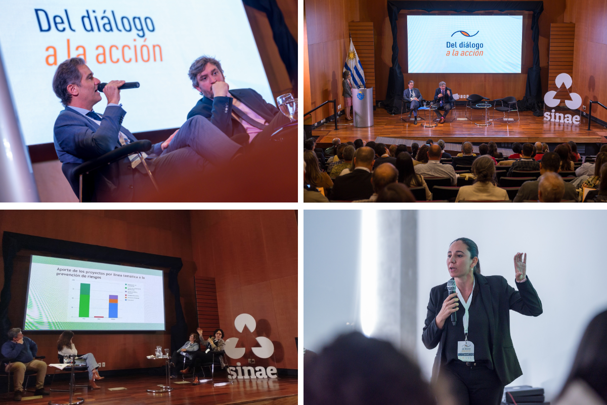 Cuatro imágenes del evento "Del diálogo a la acción," organizado por el Sistema Nacional de Emergencias (Sinae) en Uruguay, con la participación de organizaciones sociales, expertos y público general. La primera imagen muestra dos panelistas en una conversación moderada frente a una pantalla con el lema del evento. La segunda imagen presenta una vista amplia del auditorio lleno de asistentes. La tercera imagen incluye una proyección de datos en una pantalla con panelistas discutiendo los resultados. La cuar