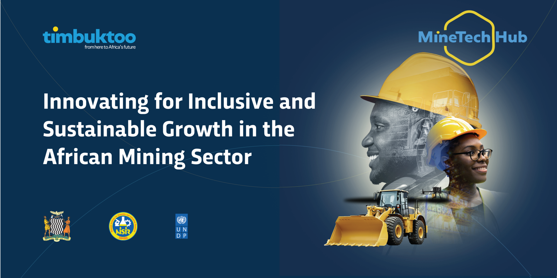 a man and woman wearing a helmet with text that reads "Innovating for Inclusive and Sustainable Growth in the African Mining Sector"