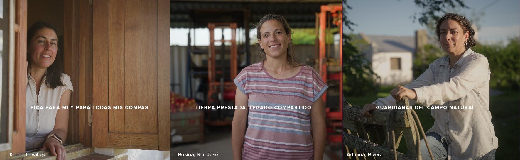Imagen con tres fotografías de mujeres rurales uruguayas, cada una con un mensaje representativo de su trabajo y entorno.
