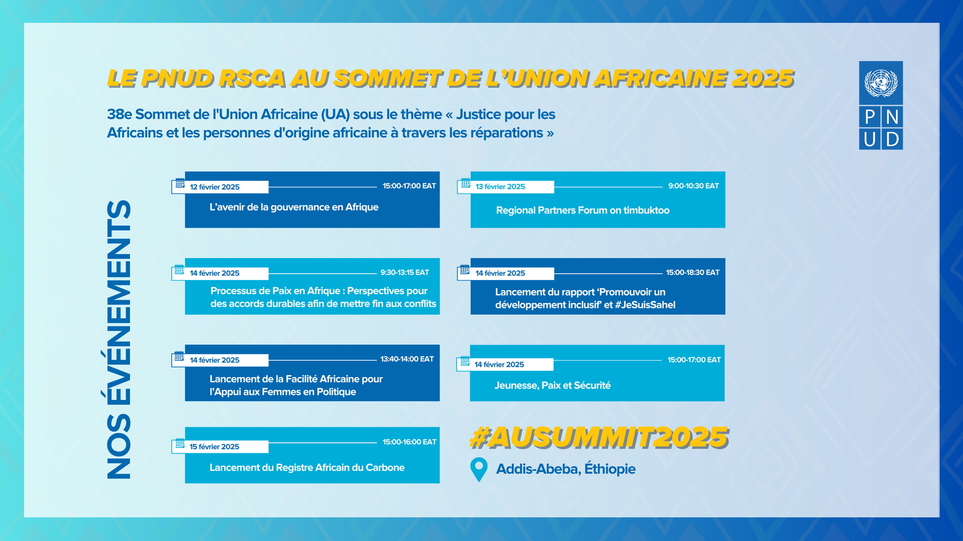 Event schedule for the African Union Summit 2023 with colorful sections and logos.