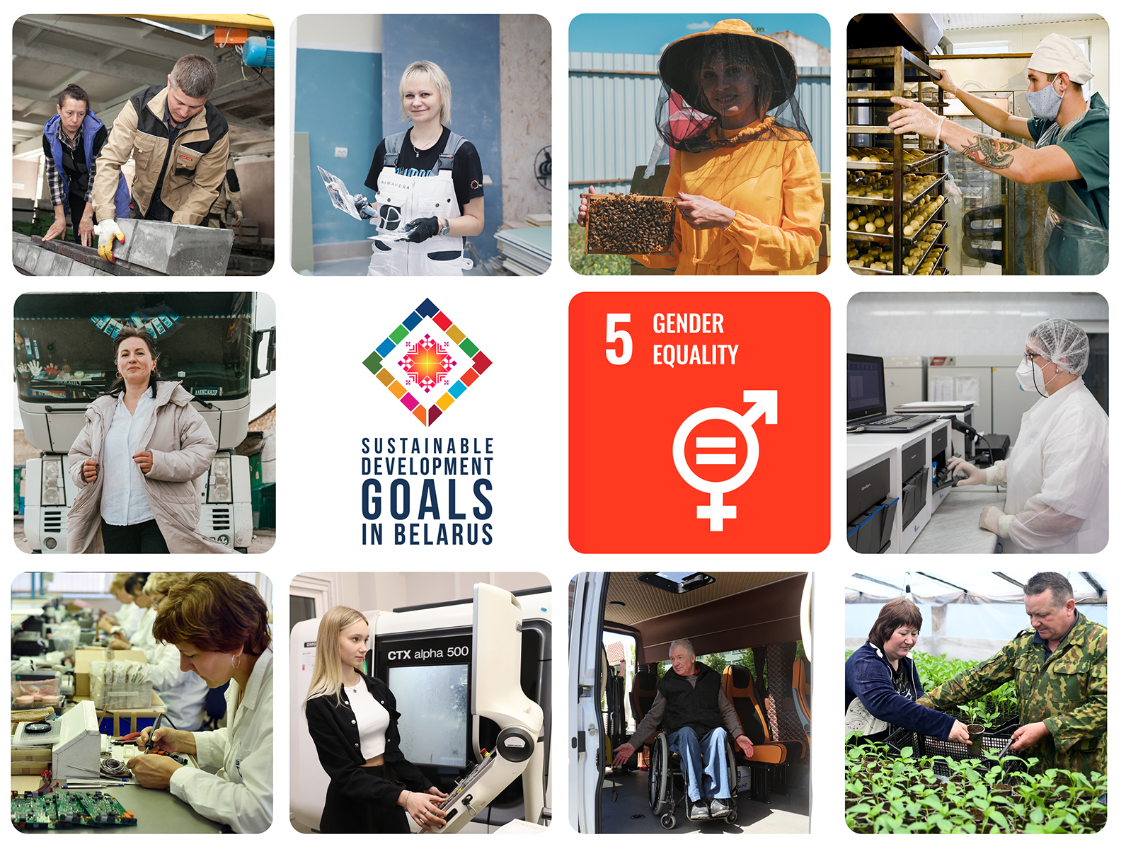 A collage showcasing diverse individuals in various jobs, promoting gender equality.