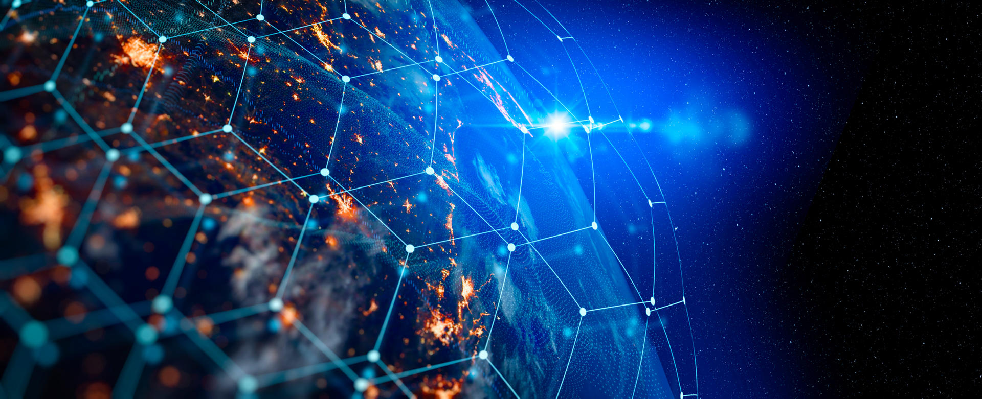 Digital visualization of Earth with glowing connections against a starry background.