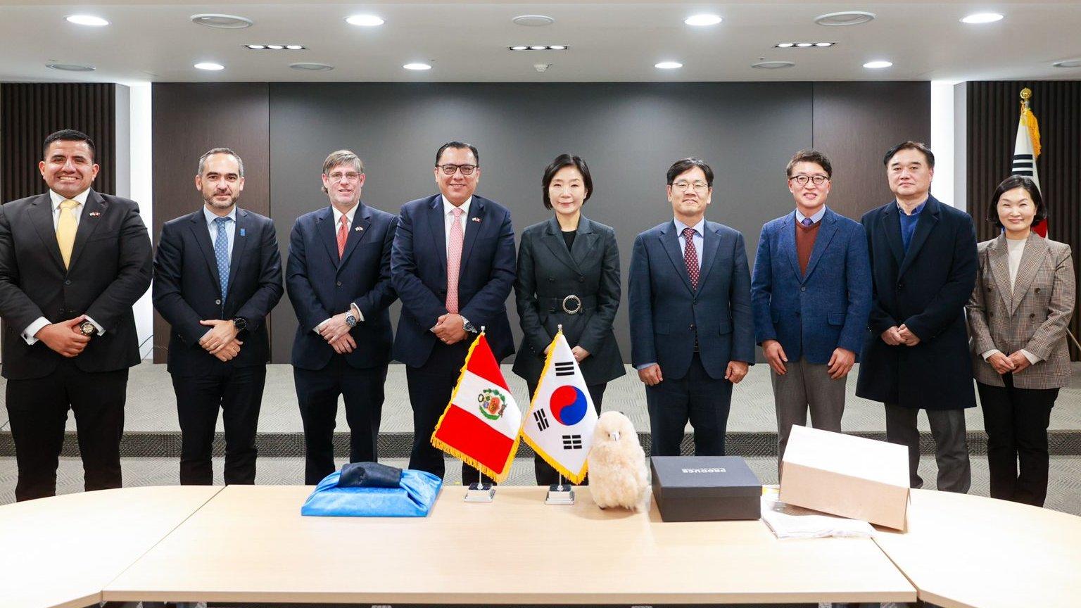Group of professionals standing together, flags of Peru and South Korea on the table.
