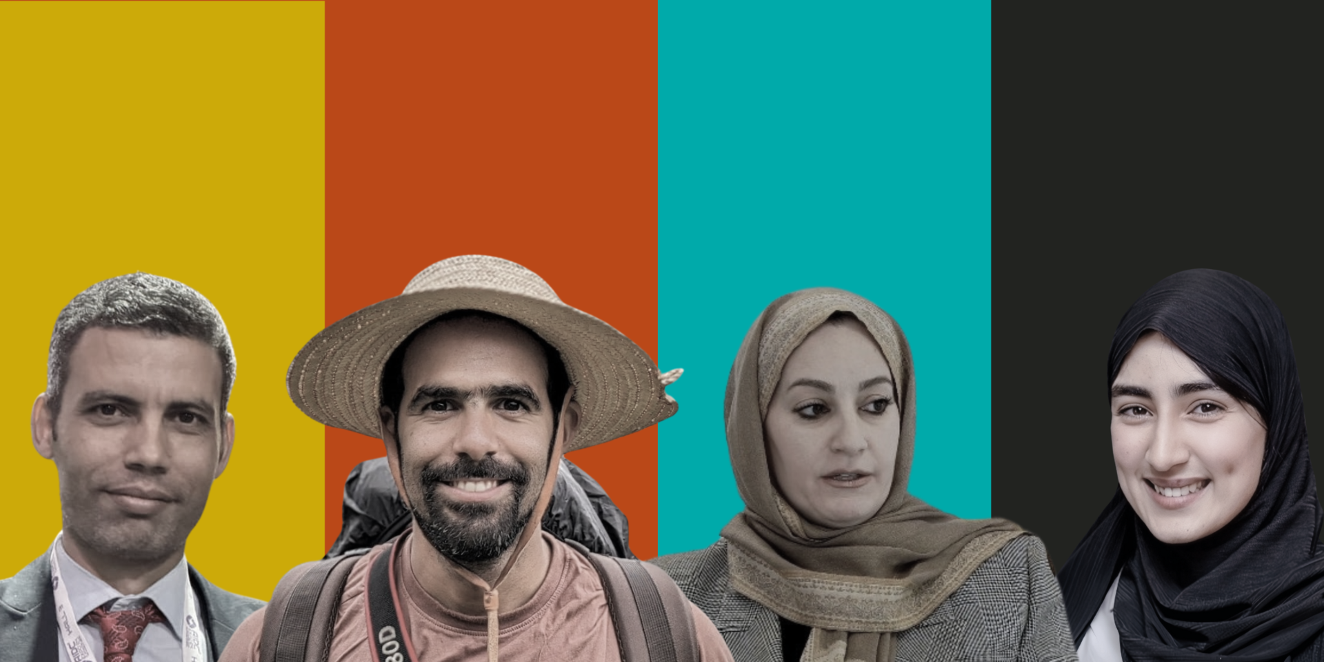 Four diverse individuals, each with distinct attire, against a colorful striped background.