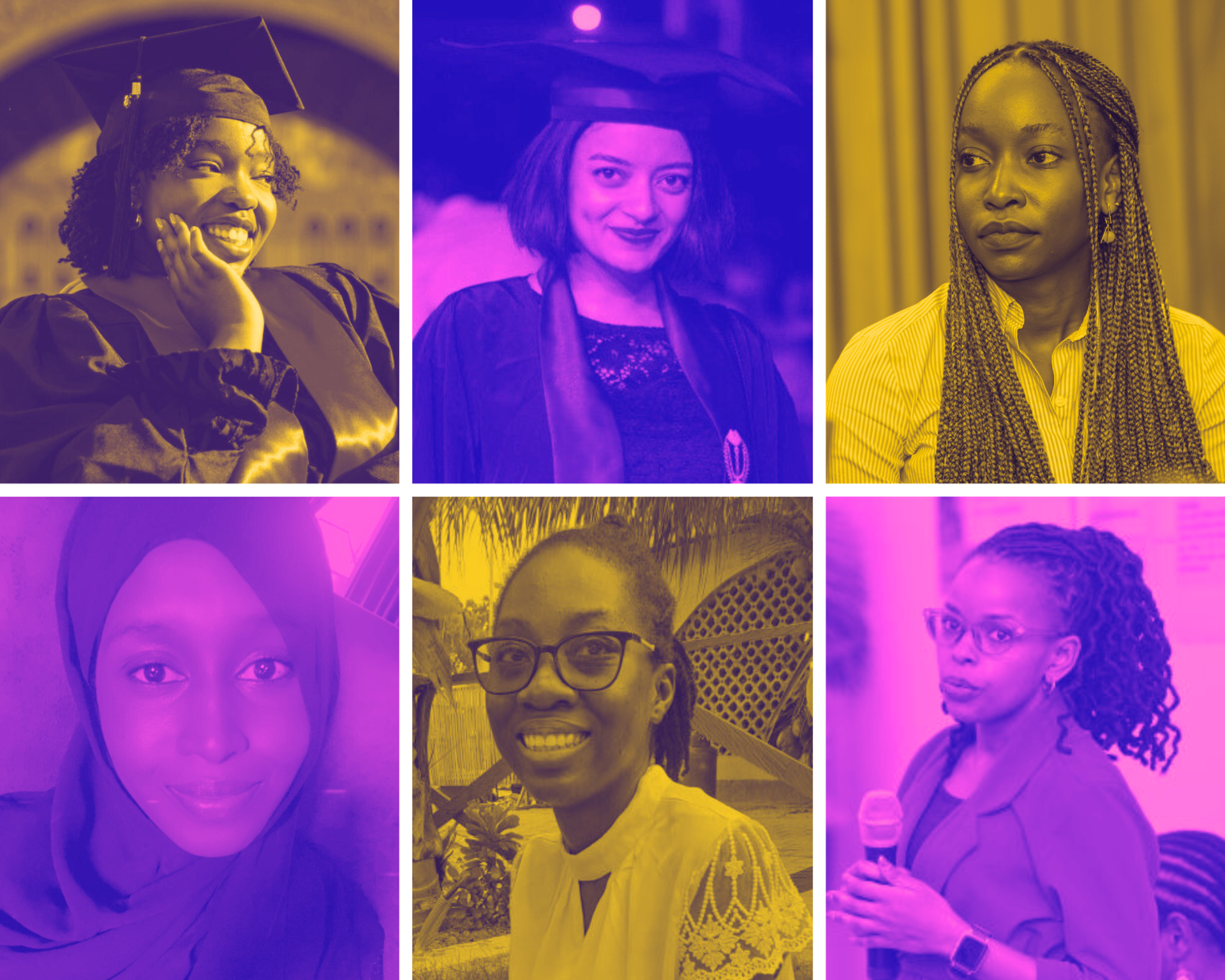 Collage of six women smiling, each with different hairstyles and attire, in vibrant colors.