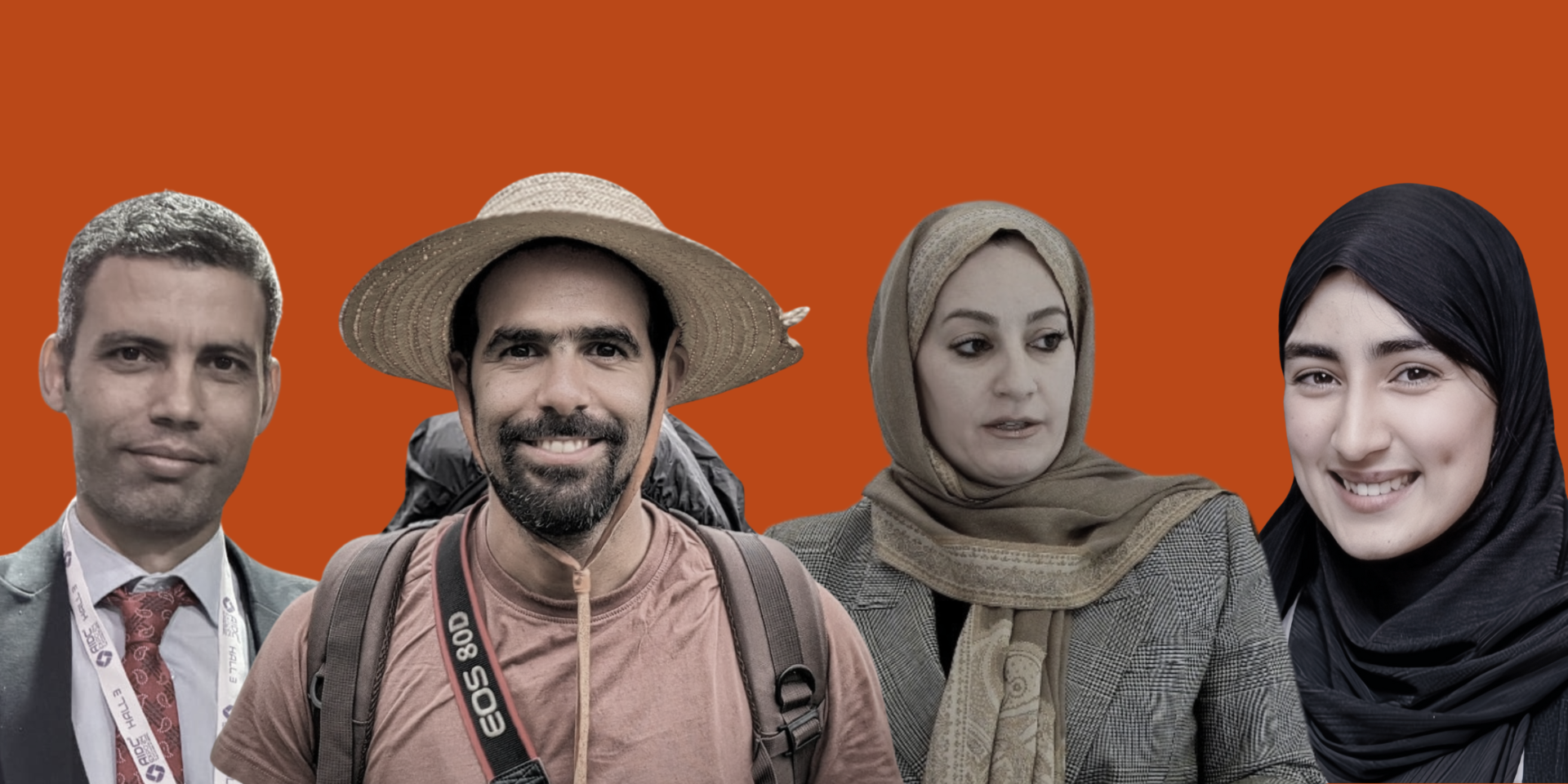 Four people standing against an orange background, each wearing different styles of clothing.