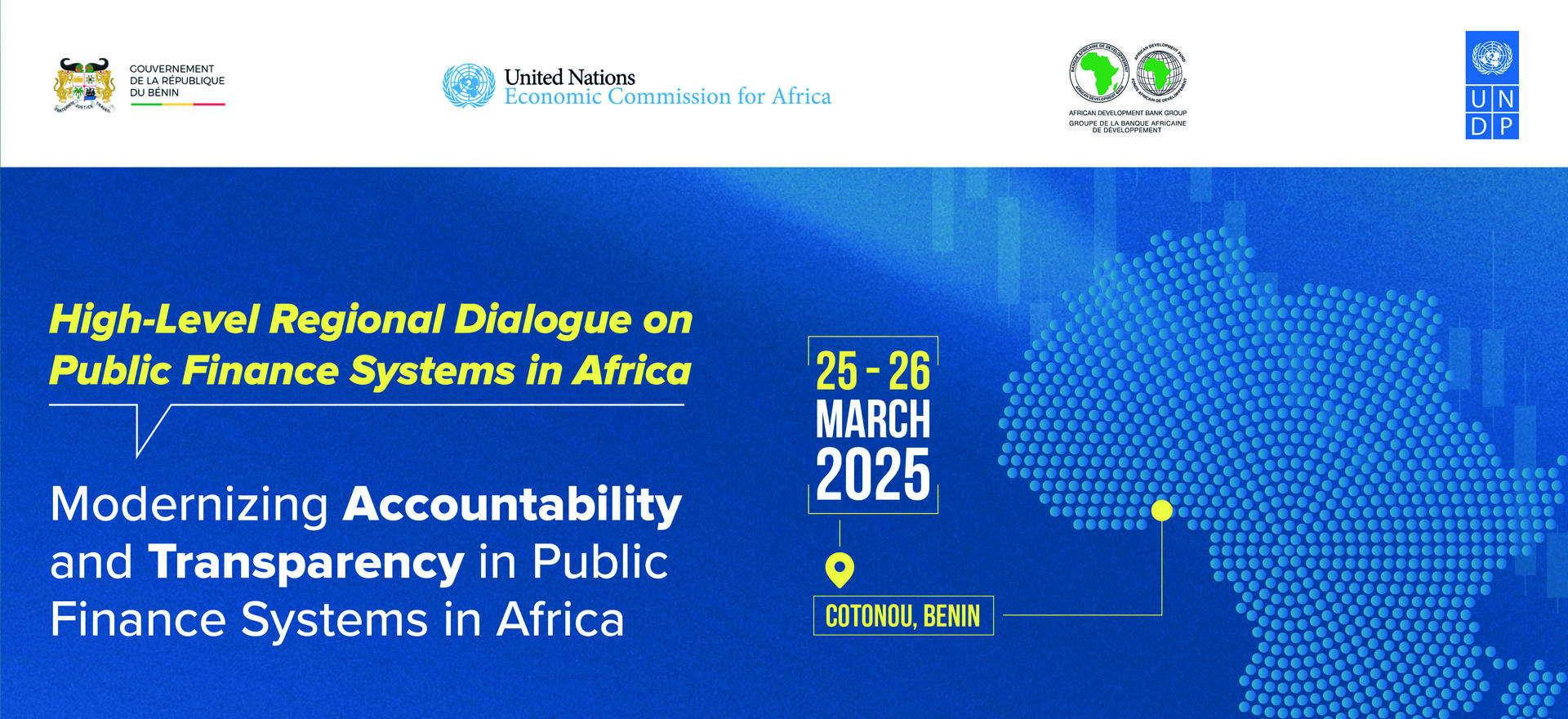 Banner for a conference on public finance systems in Africa, featuring event details and logos.