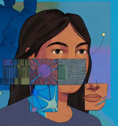 A digital illustration of a woman with an abstract tech background and geometric patterns.