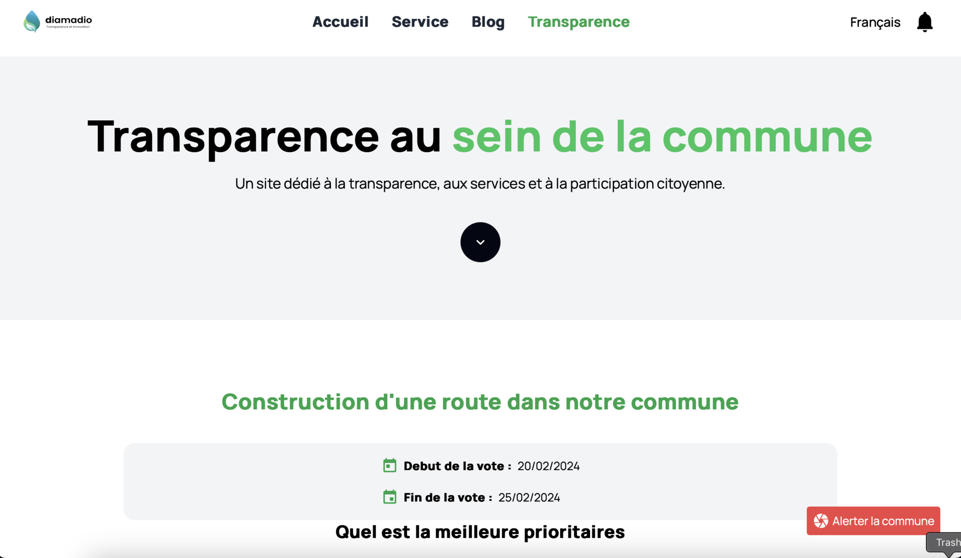 “Diamadio”, la plateforme de participation citoyenne conçue pour améliorer la transparence et l’engagement citoyen dans la gestion municipale. Cet outil permet aux citoyens de signaler des problèmes, de suivre les actualités de leur commune et de s’engager dans la prise de décision locale. 