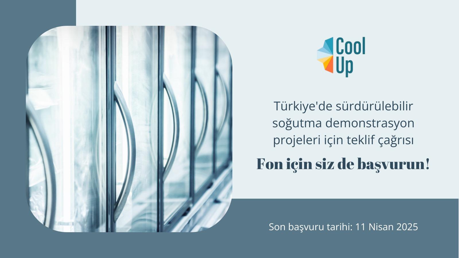 Graphic promoting sustainable cooling projects in Turkey, featuring blue tones and a logo.