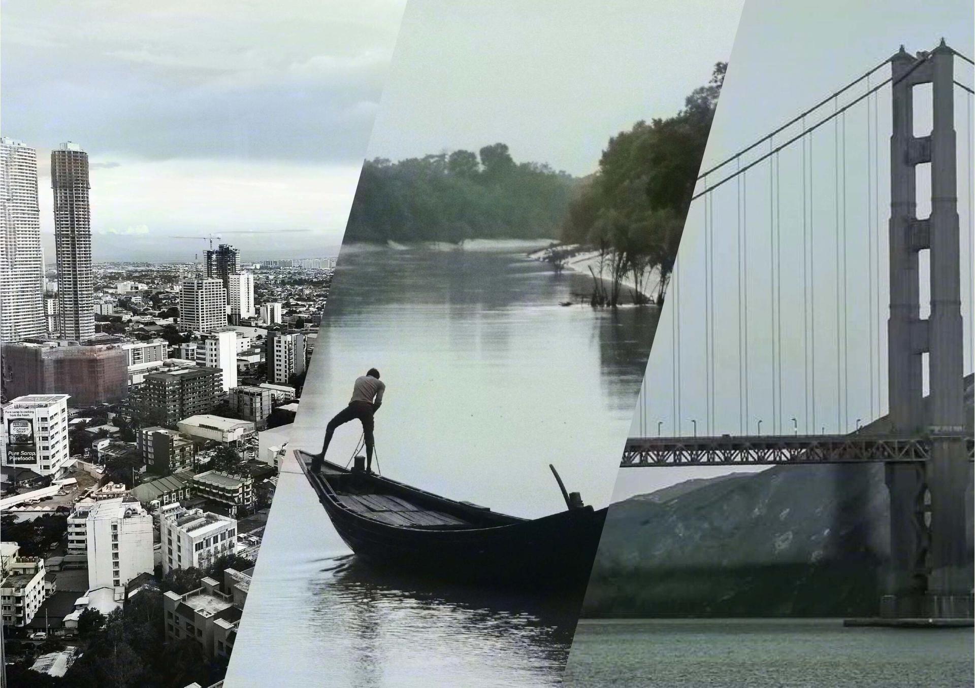 A collage featuring a cityscape, a river scene with a boat, and a bridge.