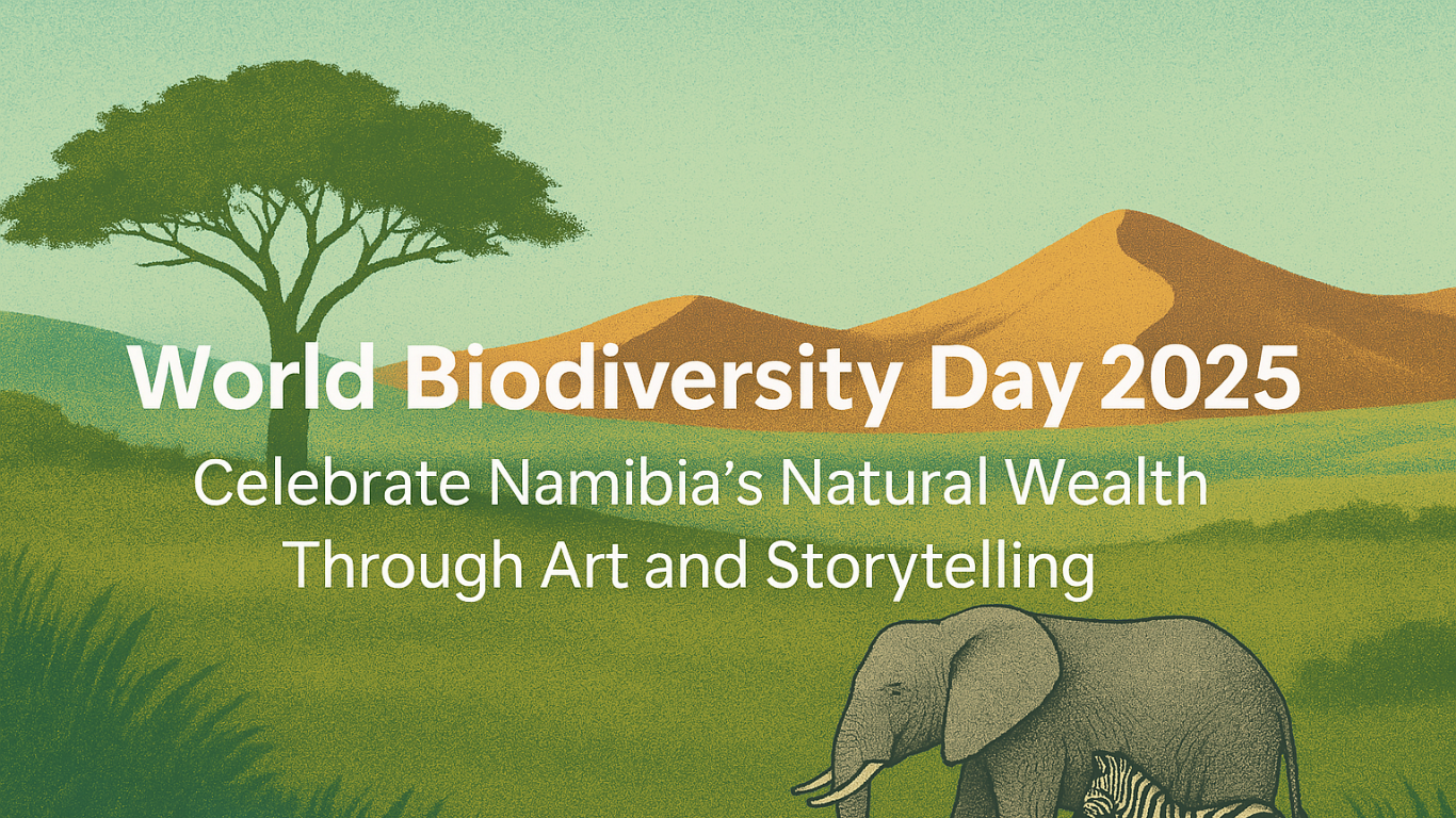 Elephant in a green landscape with mountains and a tree, promoting Biodiversity Day 2025.