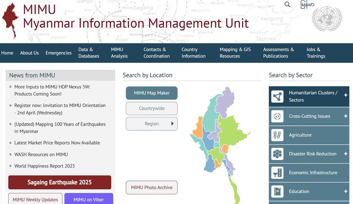Website layout for Myanmar Information Management Unit with navigation options and a map.