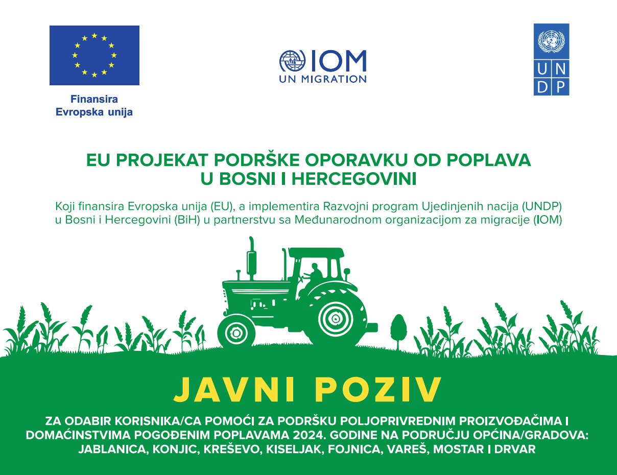 EU project announcement for flood recovery support in Bosnia and Herzegovina, featuring a tractor graphic.