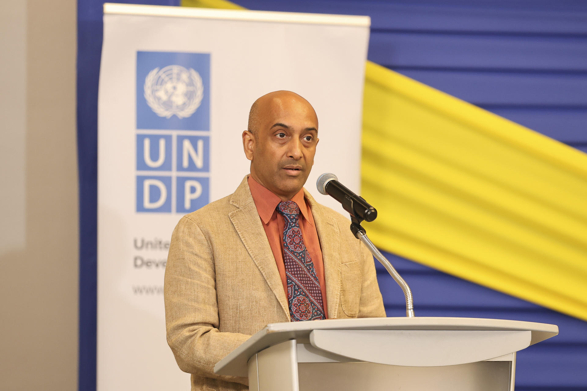 A man in a beige suit speaks at a podium with a UNDP banner in the background.