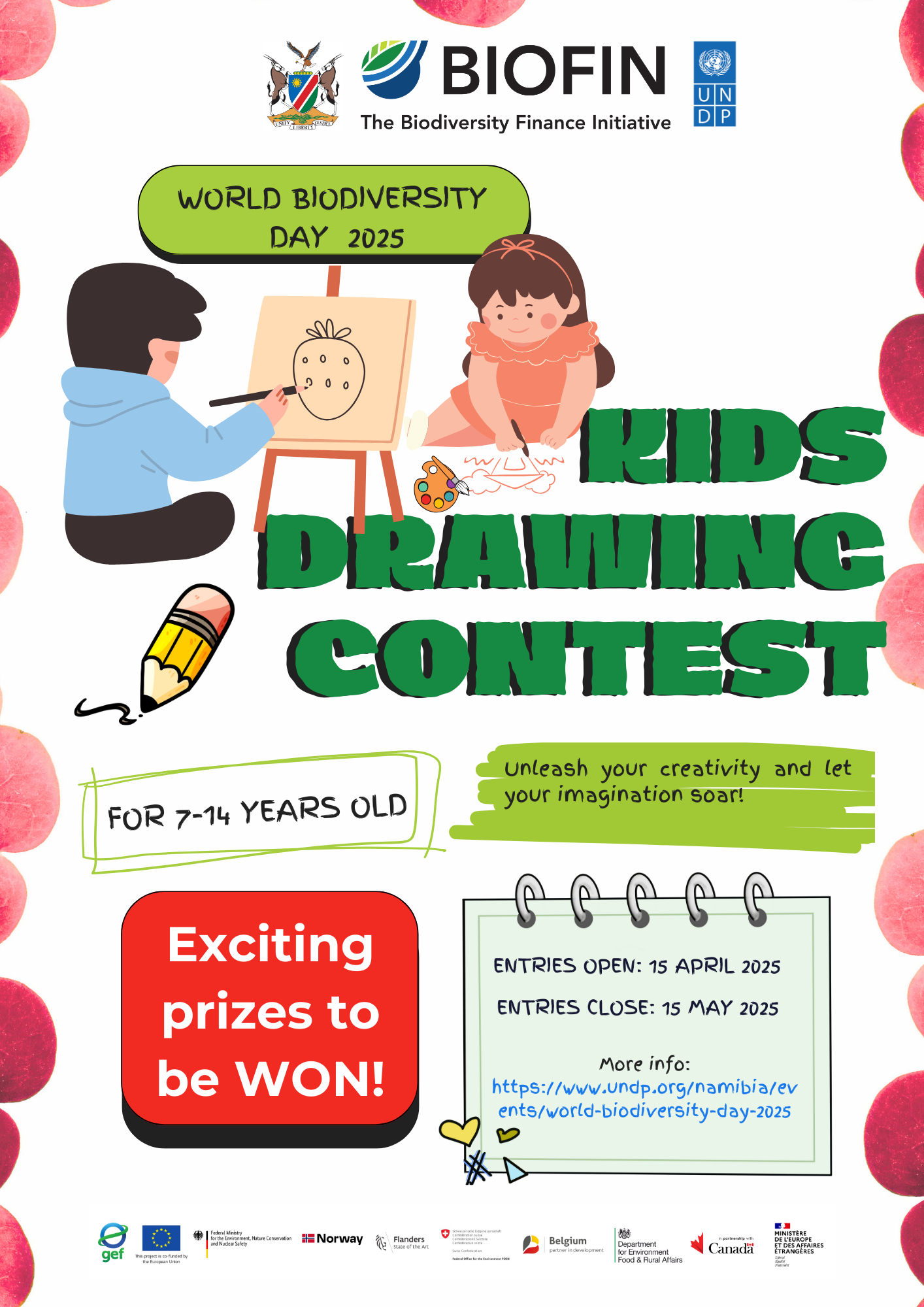 Colorful poster for a kids' drawing contest, featuring playful illustrations and contest details.