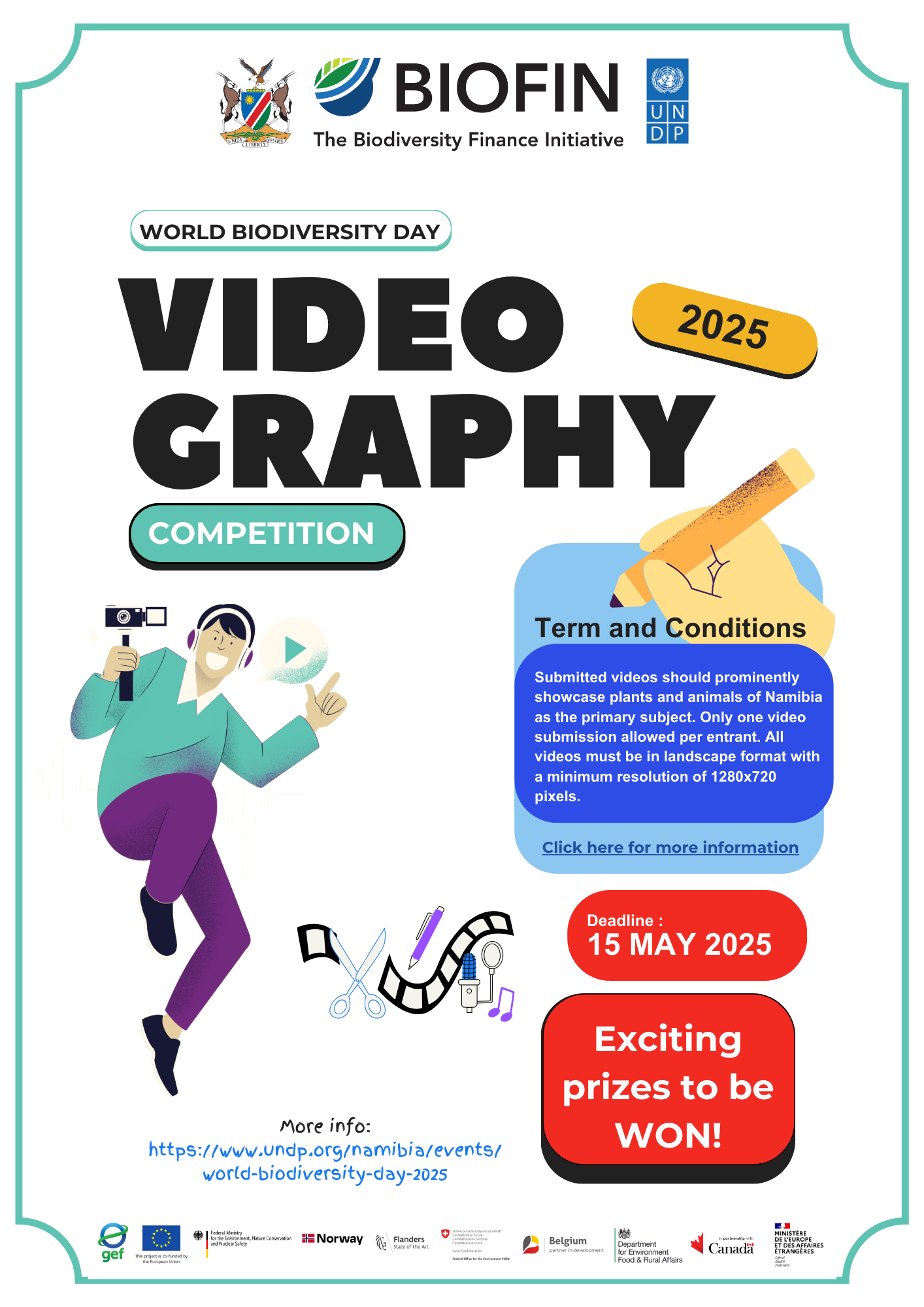 Poster for a video competition featuring bright colors, illustrated figures, and text about the event.