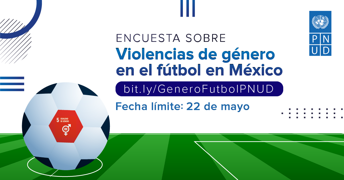 Survey on gender violence in football in Mexico with a soccer ball and green field background.