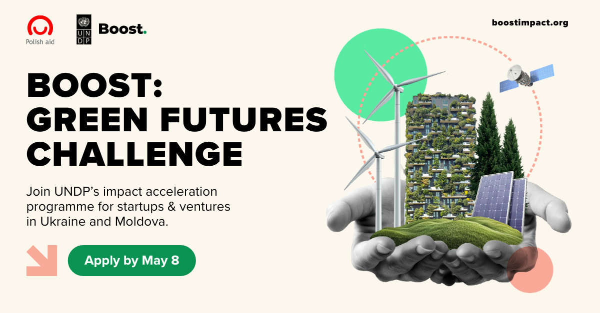 Graphic promoting the "Boost: Green Futures Challenge" with hands holding sustainable city elements.