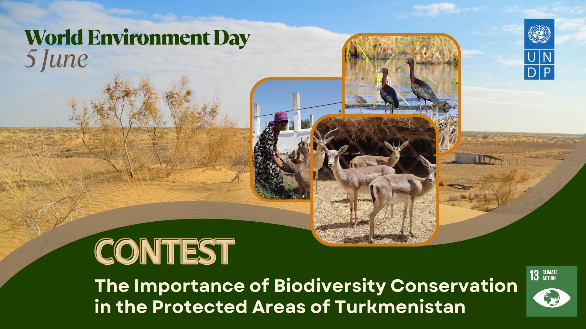 World Environment Day banner with wildlife images and contest details on biodiversity conservation.