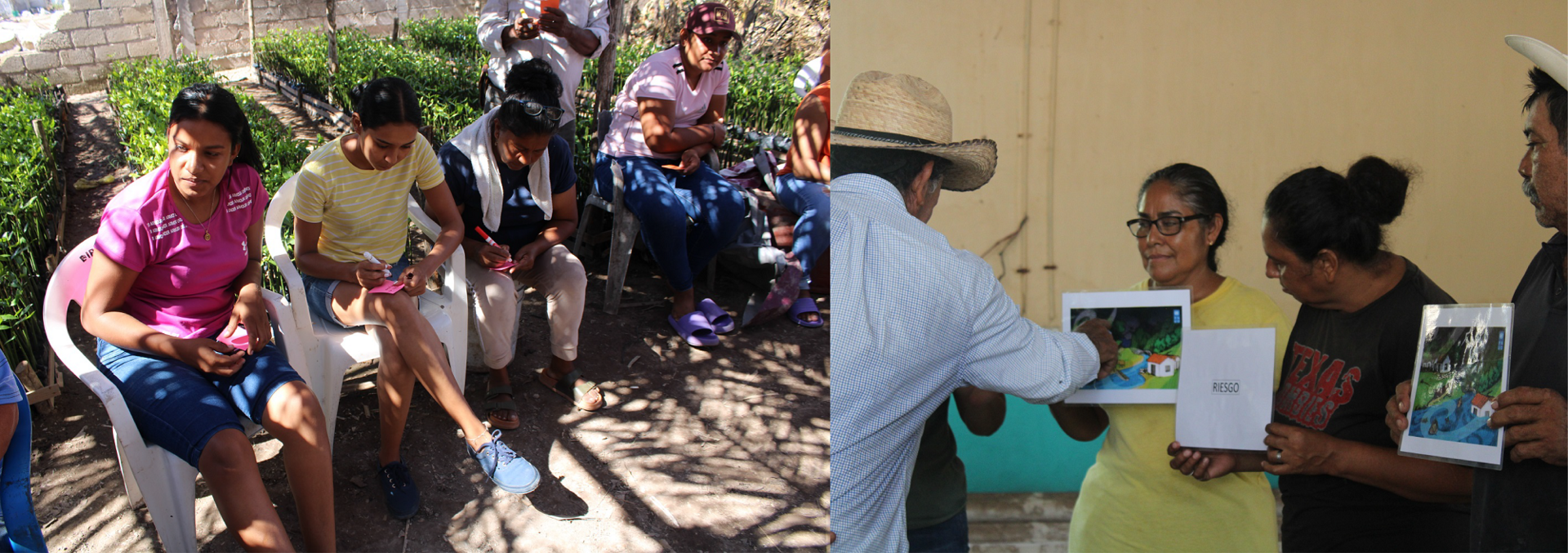 Group of people seated outdoors, engaging in discussion; another group sharing documents indoors.
