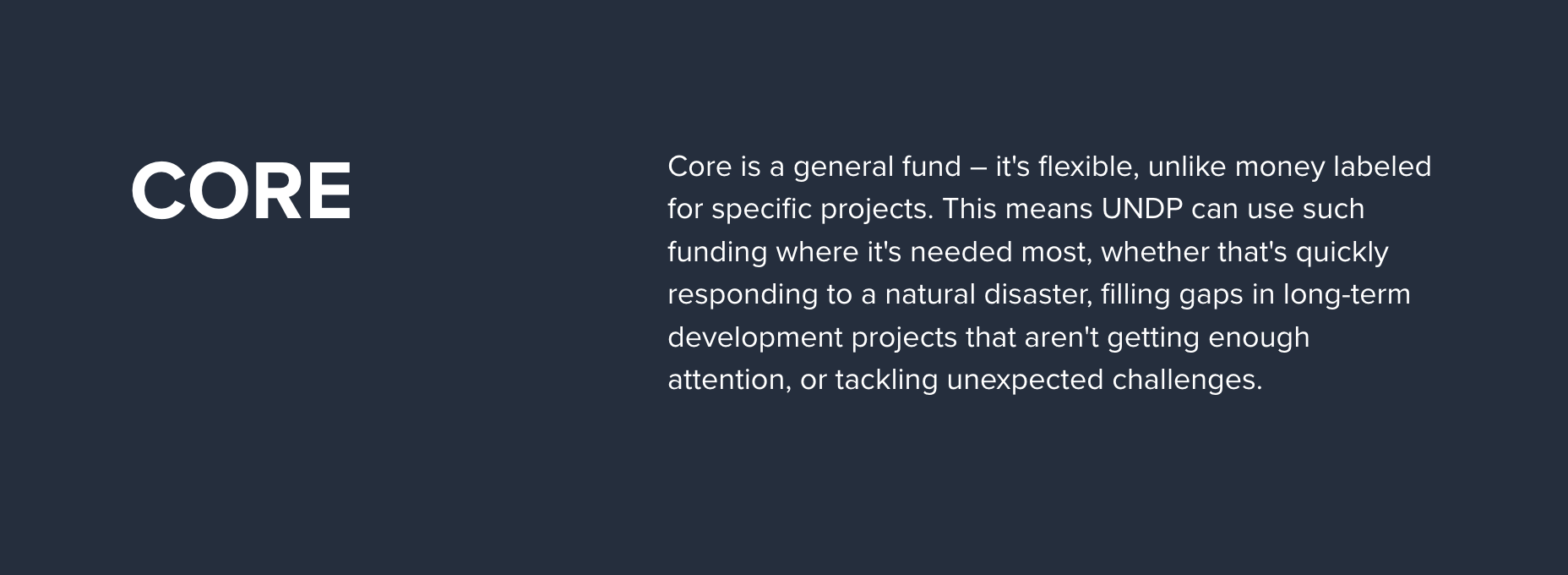 Text on a dark background describing a flexible funding initiative called "CORE."