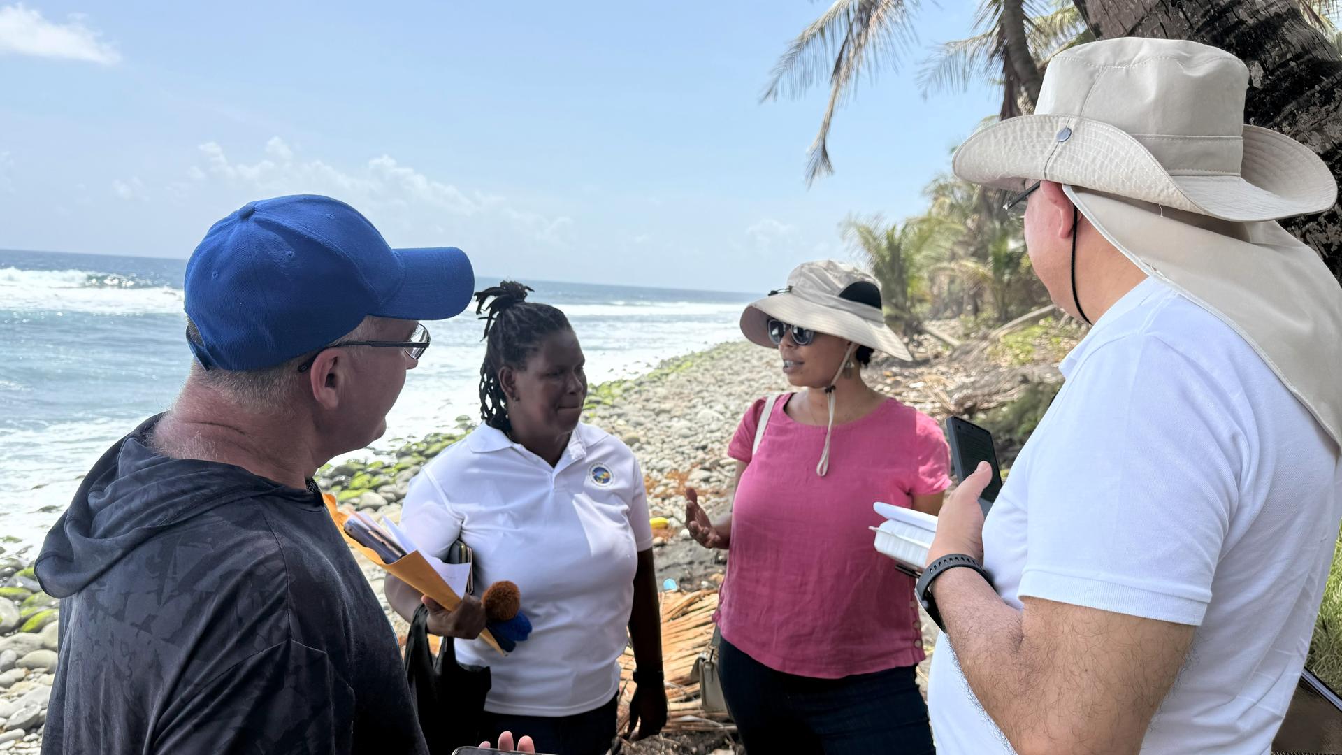 A group of four people converses by the seaside, with ocean waves in the background.