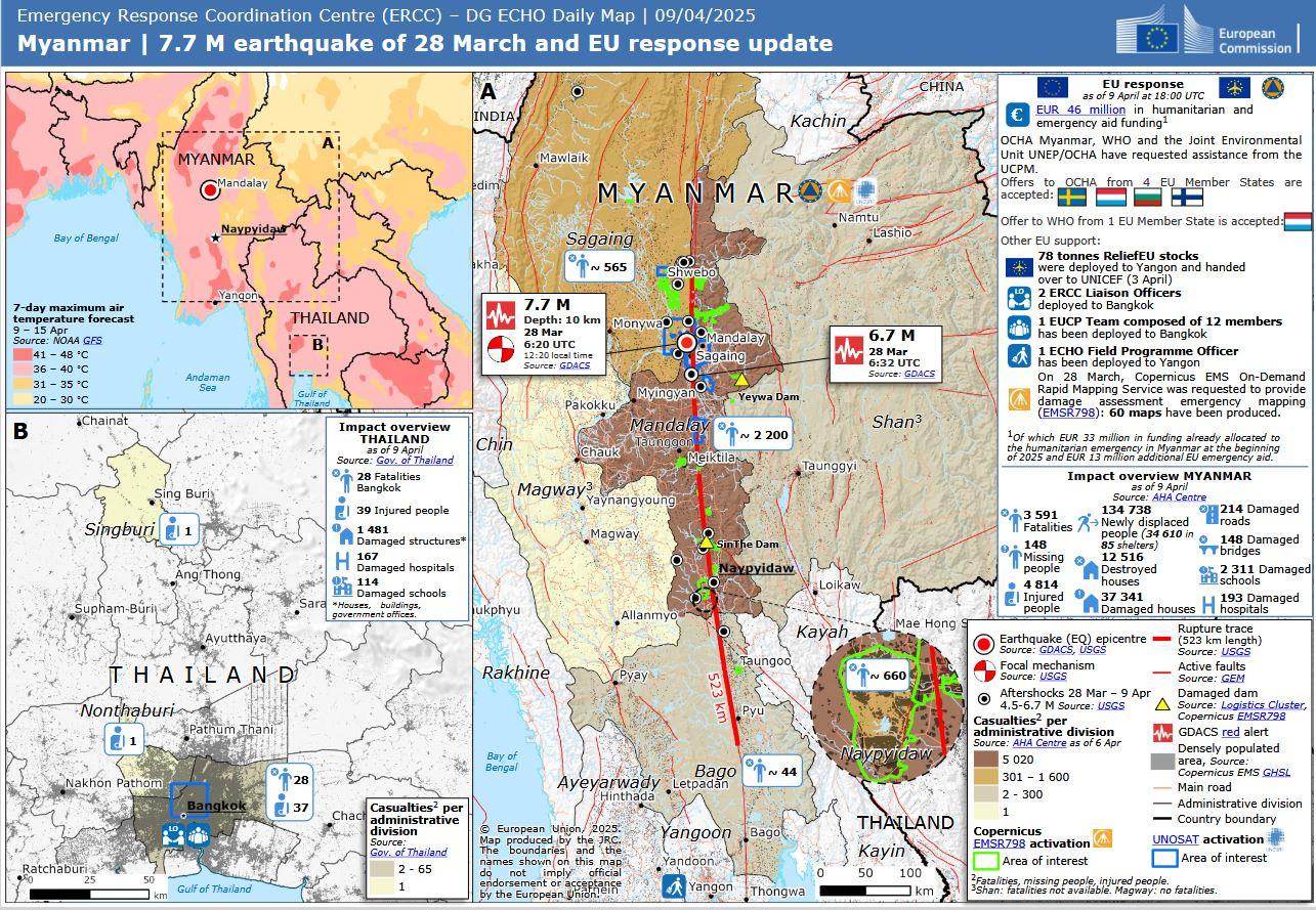 Map detailing the earthquake response in Myanmar, with geographical markers and data.
