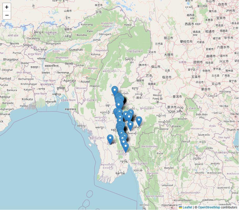 Map showing various marked locations in a green and blue geographical area.