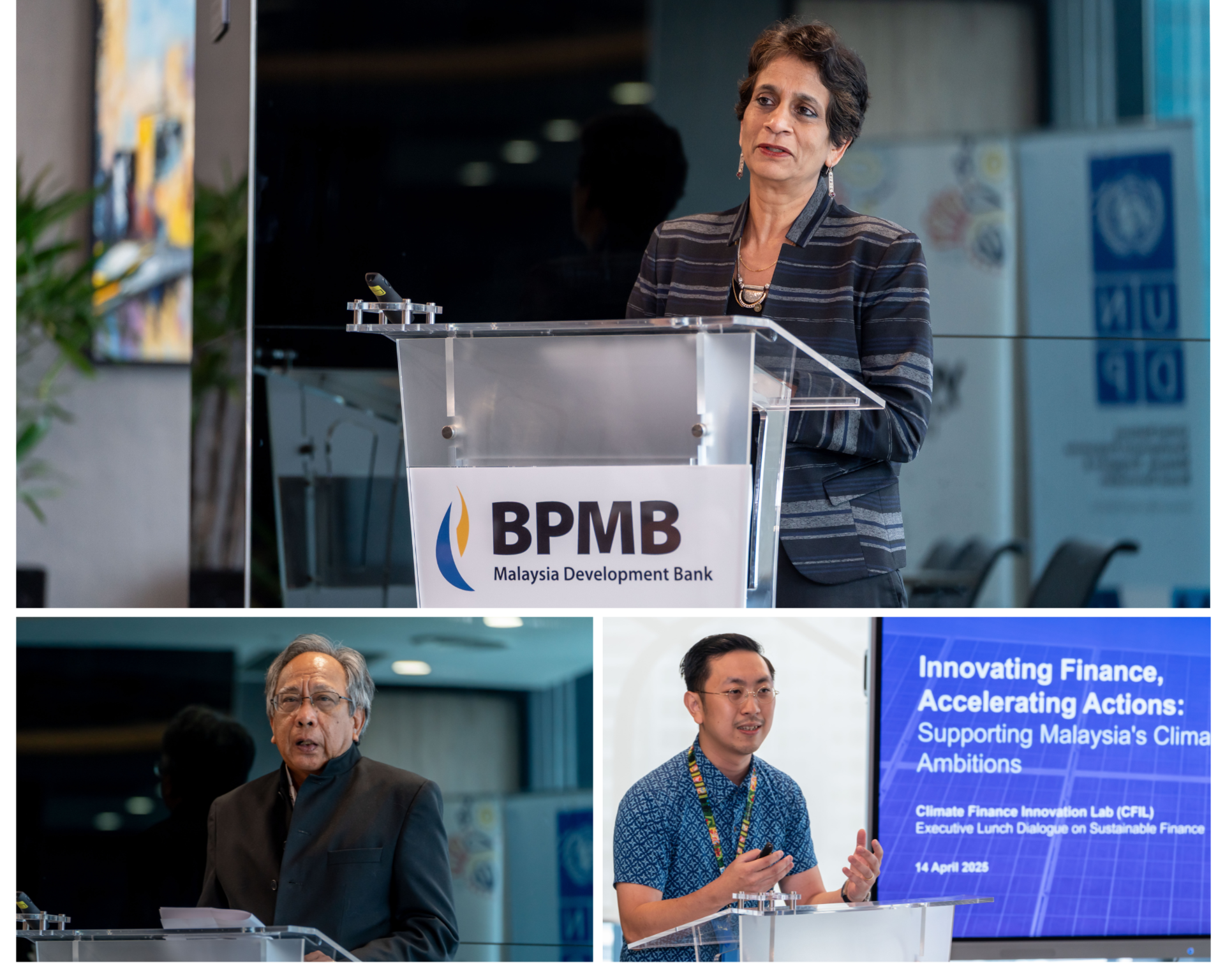 Three speakers at a conference, with a podium displaying the BPMB logo and presentation screens.