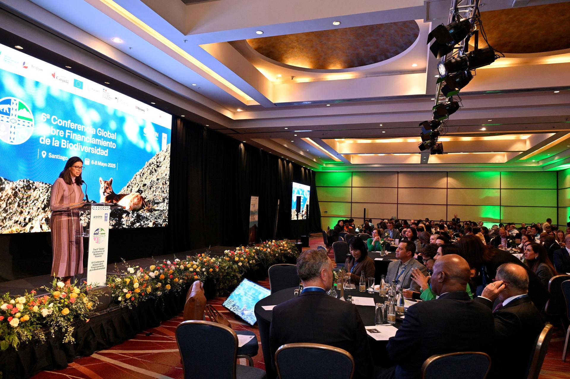 A speaker stands in front of a large audience at a conference, with floral decorations and screens.