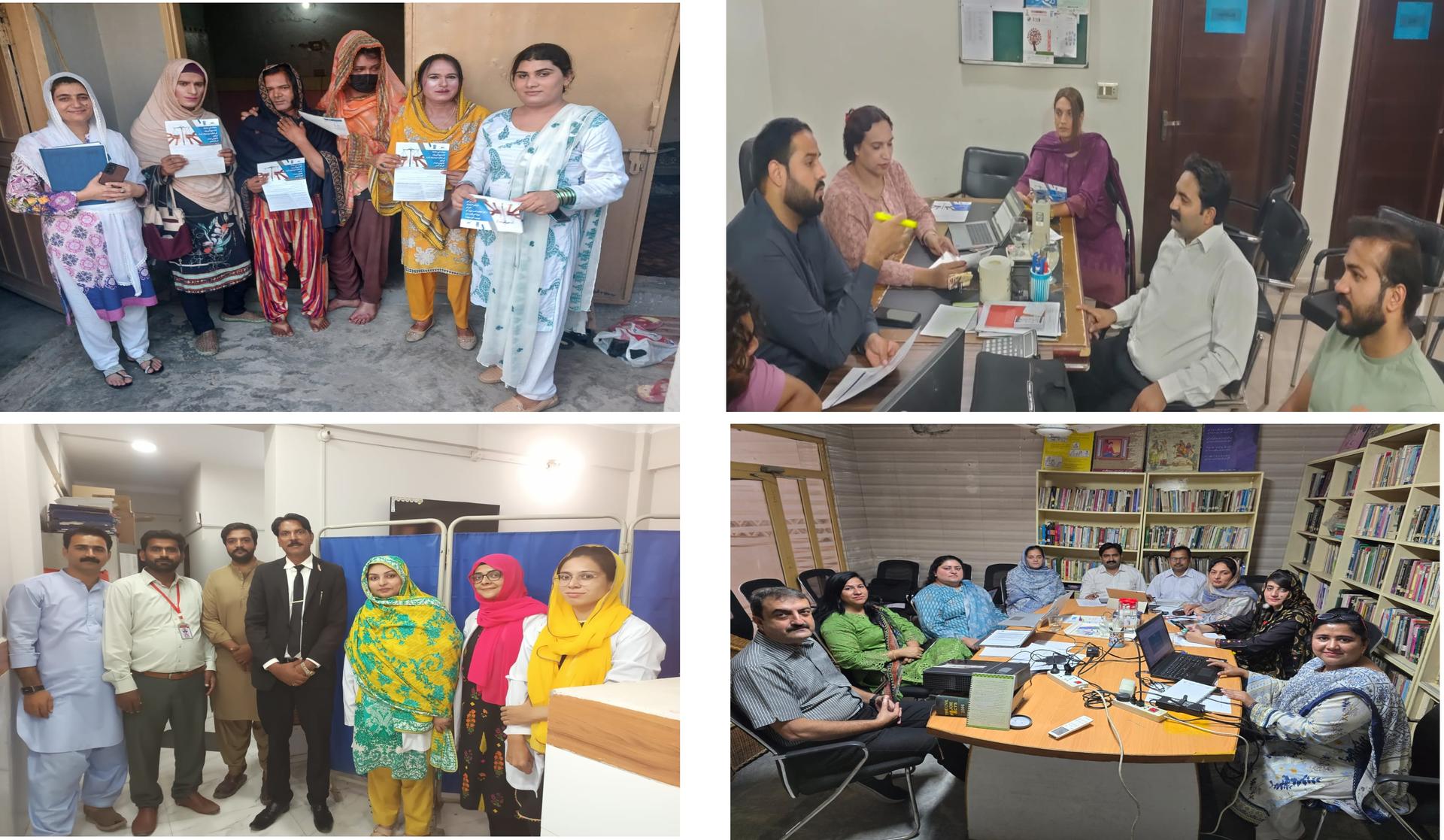 Groups of people engaged in discussions and activities in various indoor settings.