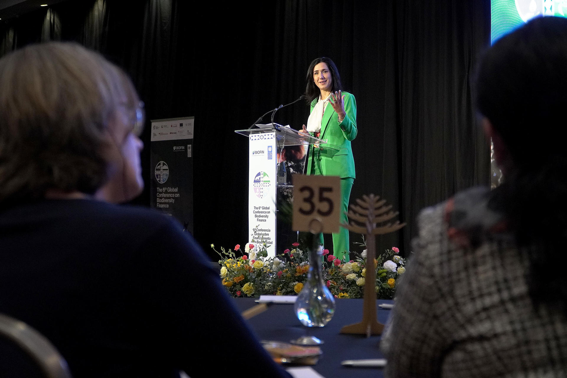 A speaker in a green outfit presents at a podium to an audience in a conference setting.