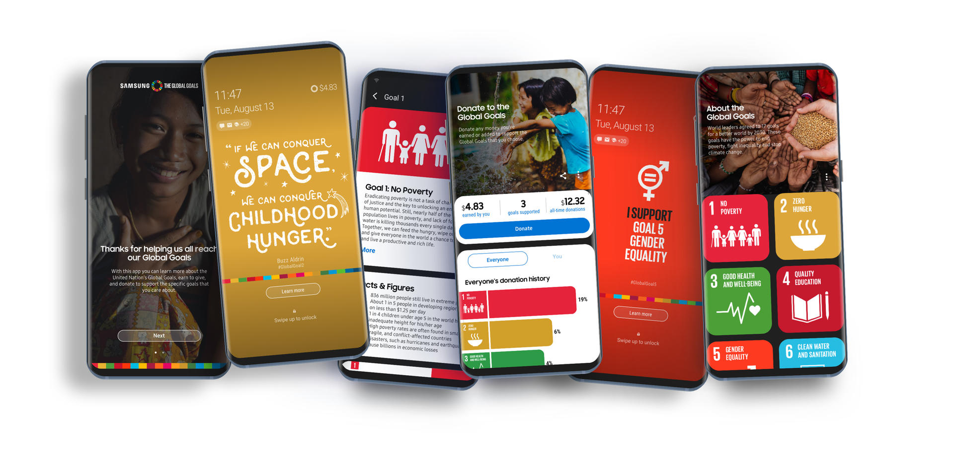 Five smartphones displaying various colorful app interfaces stacked together.
