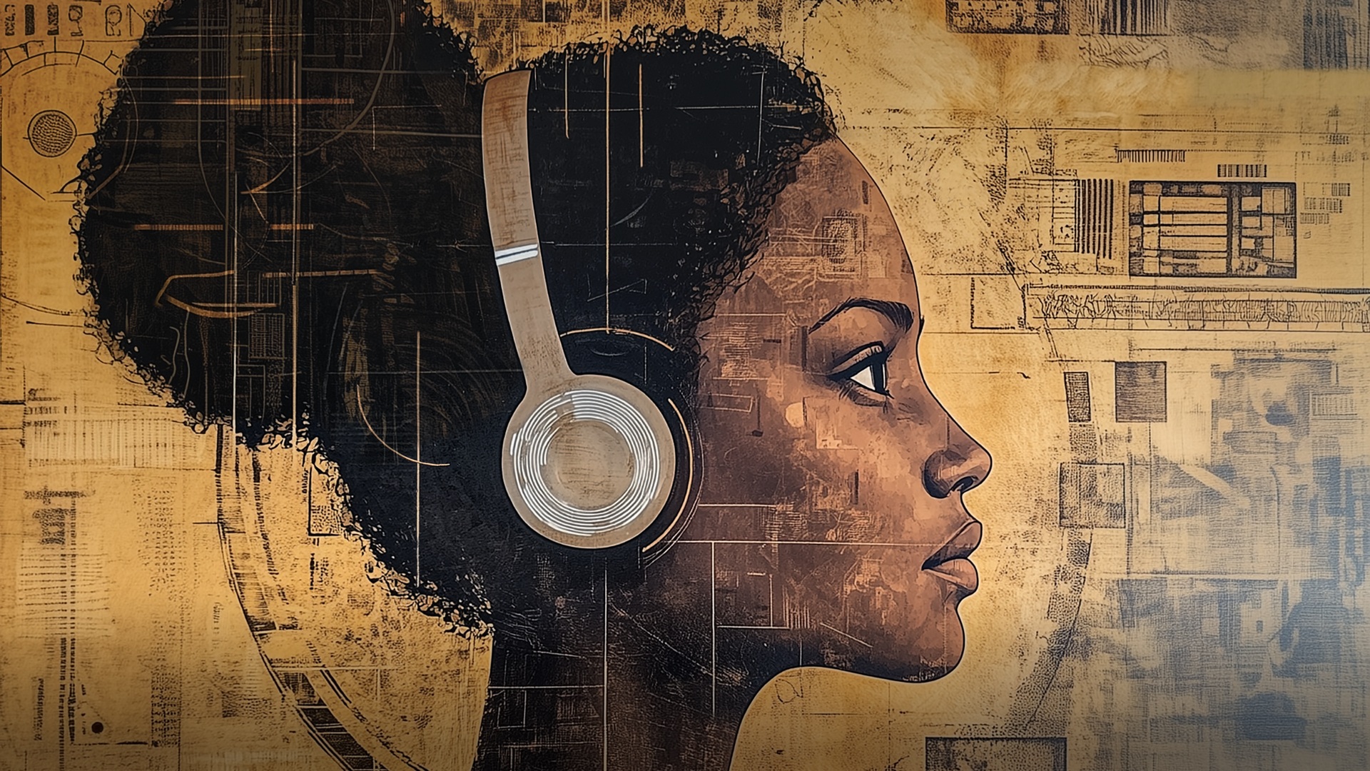Profile of a woman wearing headphones, with a textured, patterned background.