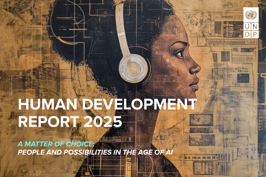Side profile of a woman wearing headphones, with technology-themed background and report title.