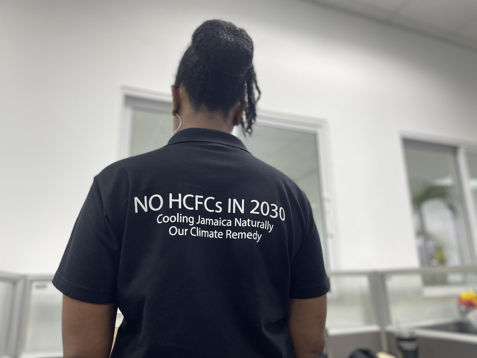 NEPA team member wearing black shirt with "NO HCFCs IN 2030" printed on the back