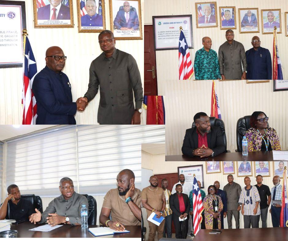 Group of people in a conference room, shaking hands and posing for photos with flags in background.