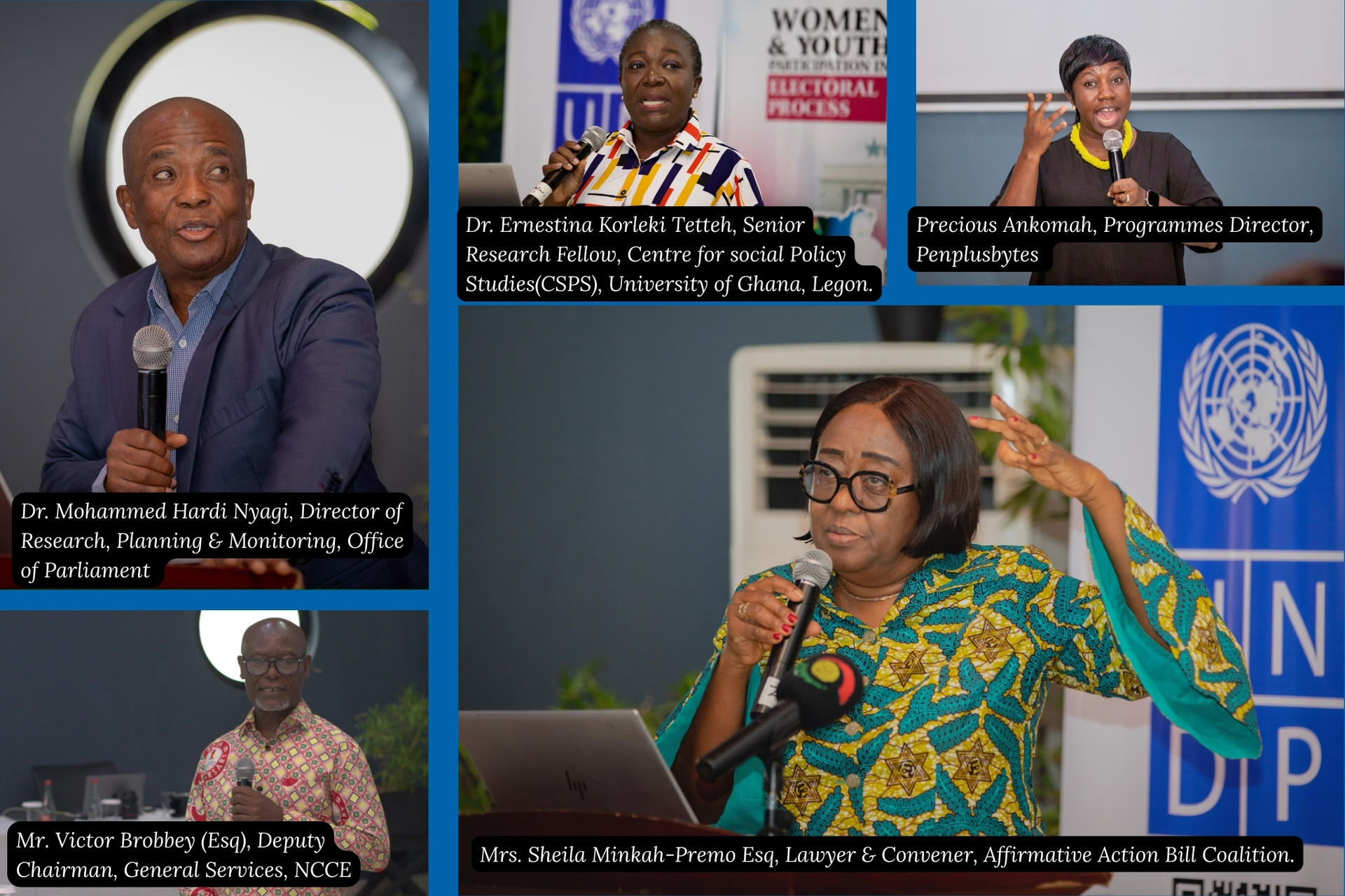 Collage of speakers at a conference with diverse expressions and colorful outfits.