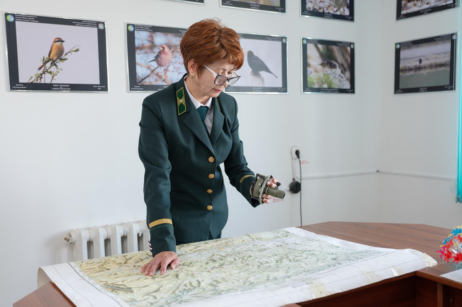 A woman in a dark green uniform examines a large map at a wooden table, surrounded by framed images on the wall.