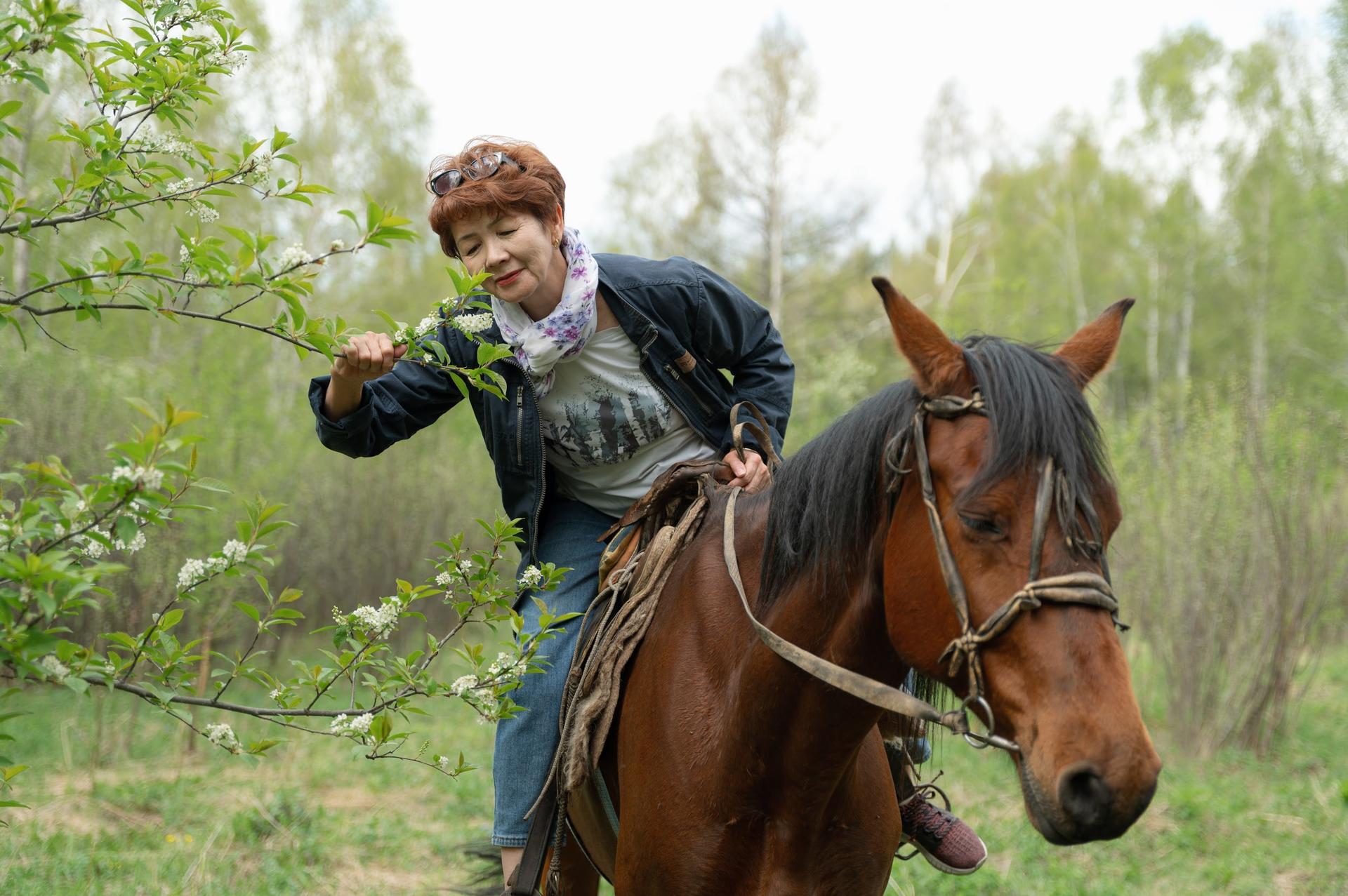 A person on horseback reaches for branches in a green, serene landscape.