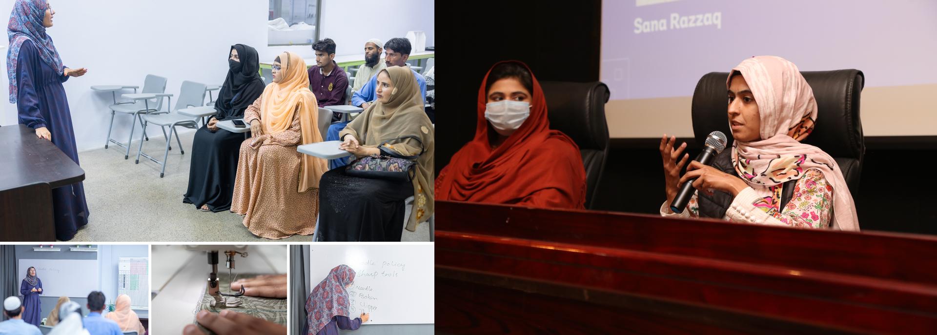 A group of women in formal attire participate in a presentation and discussion session.