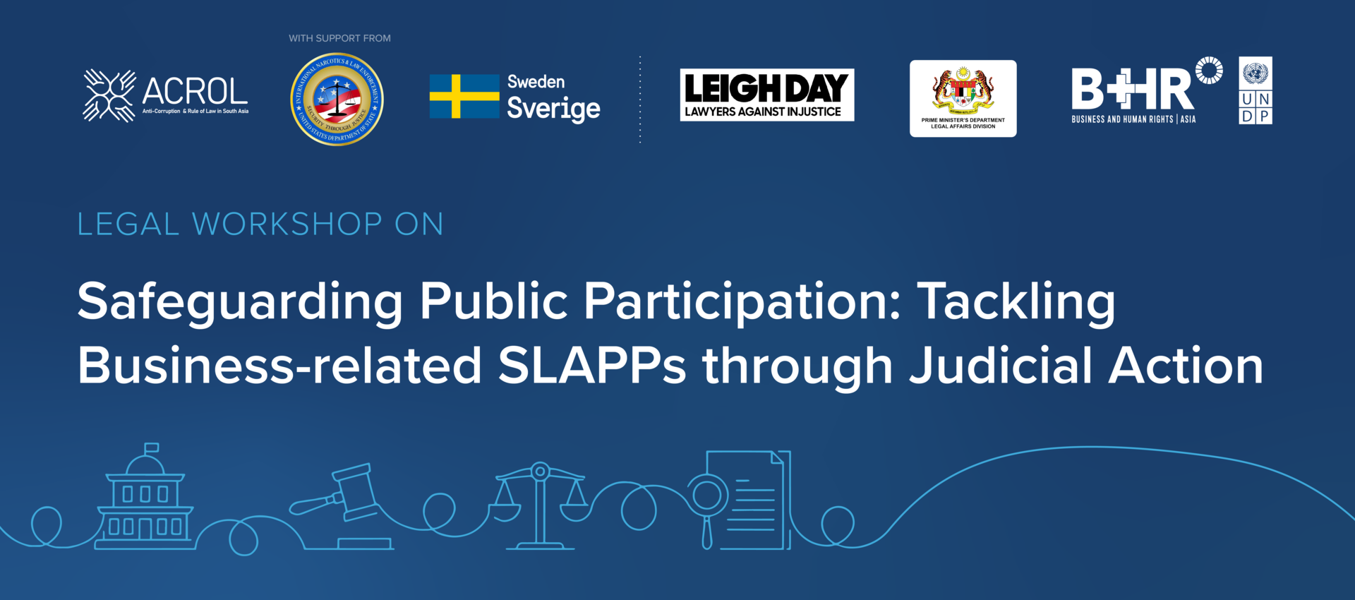 Legal workshop banner on SLAPPs with logos and a blue background.