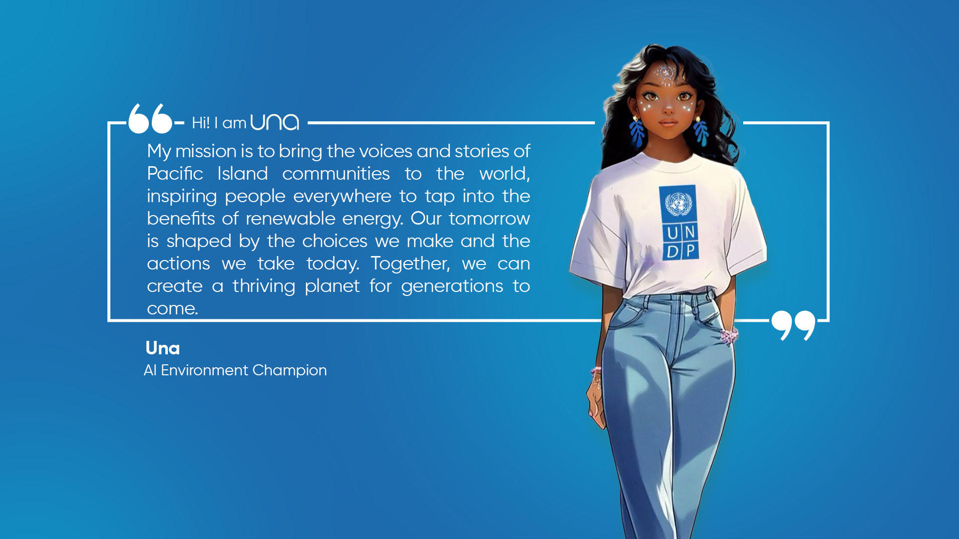A young woman in a white shirt stands against a blue background, sharing a message about sustainability.