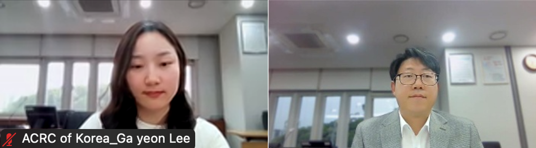 A split-screen video conference featuring two professionals discussing.