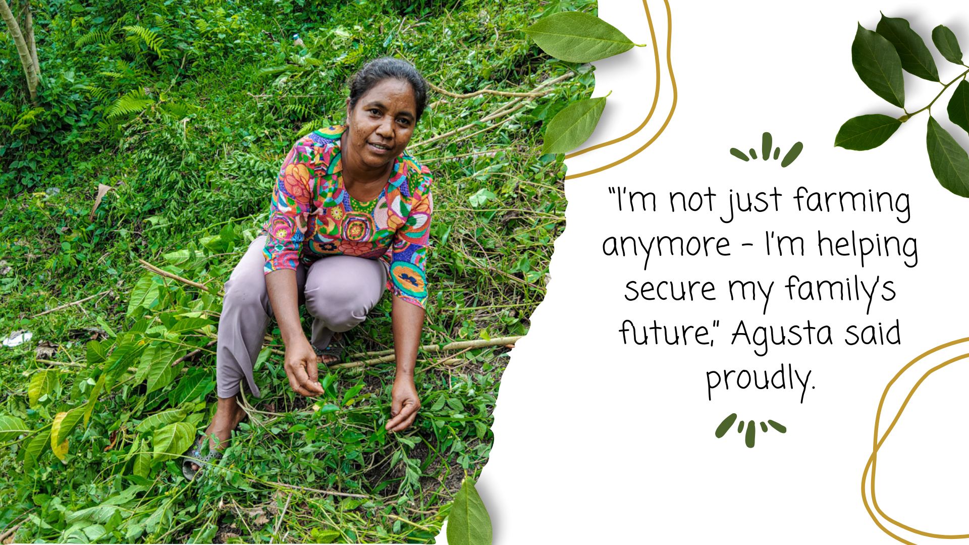 A woman kneels in lush greenery, smiling confidently while tending to her farm.