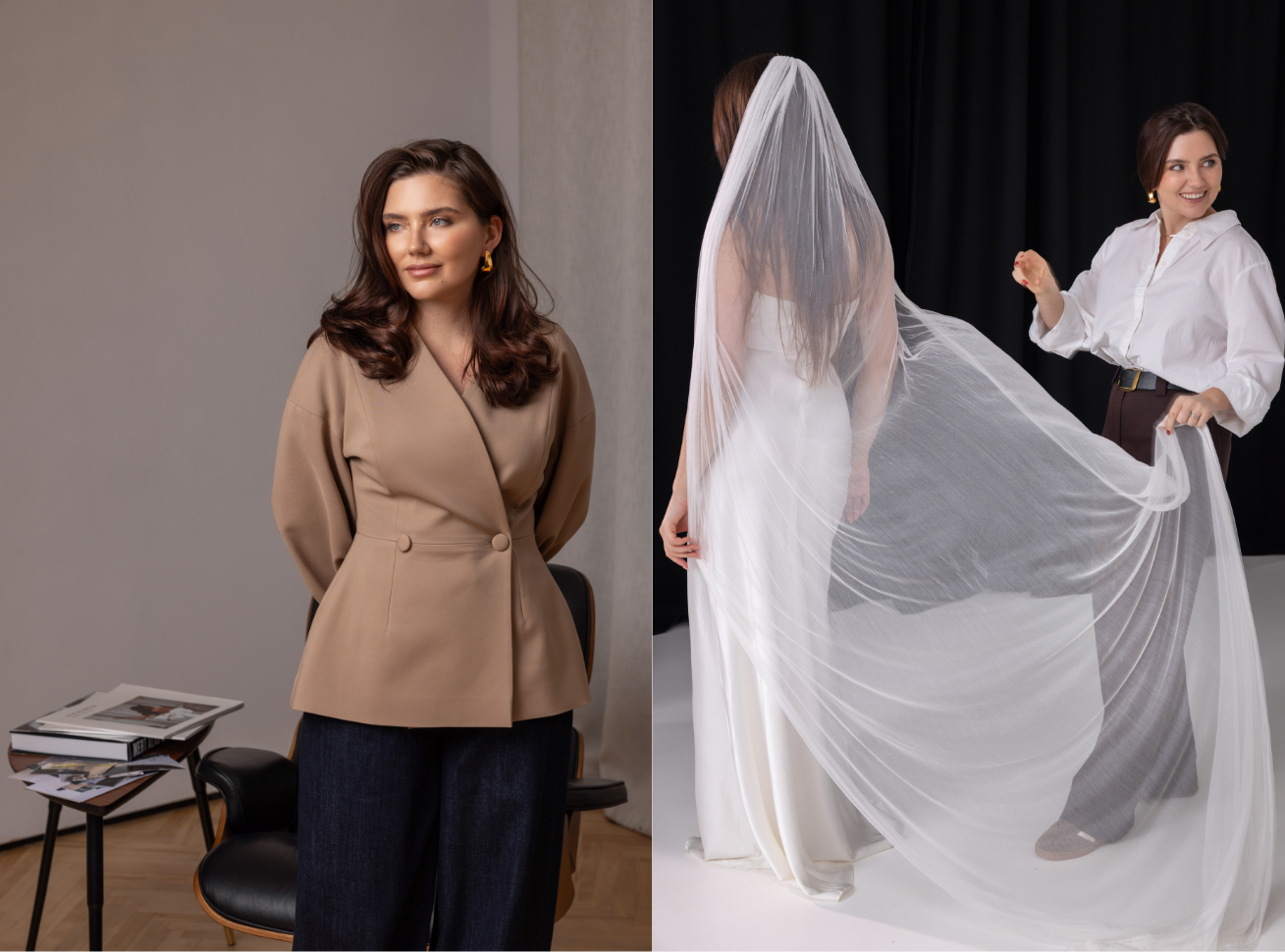 A woman in a stylish brown blazer stands confidently next to another woman draping a veil.