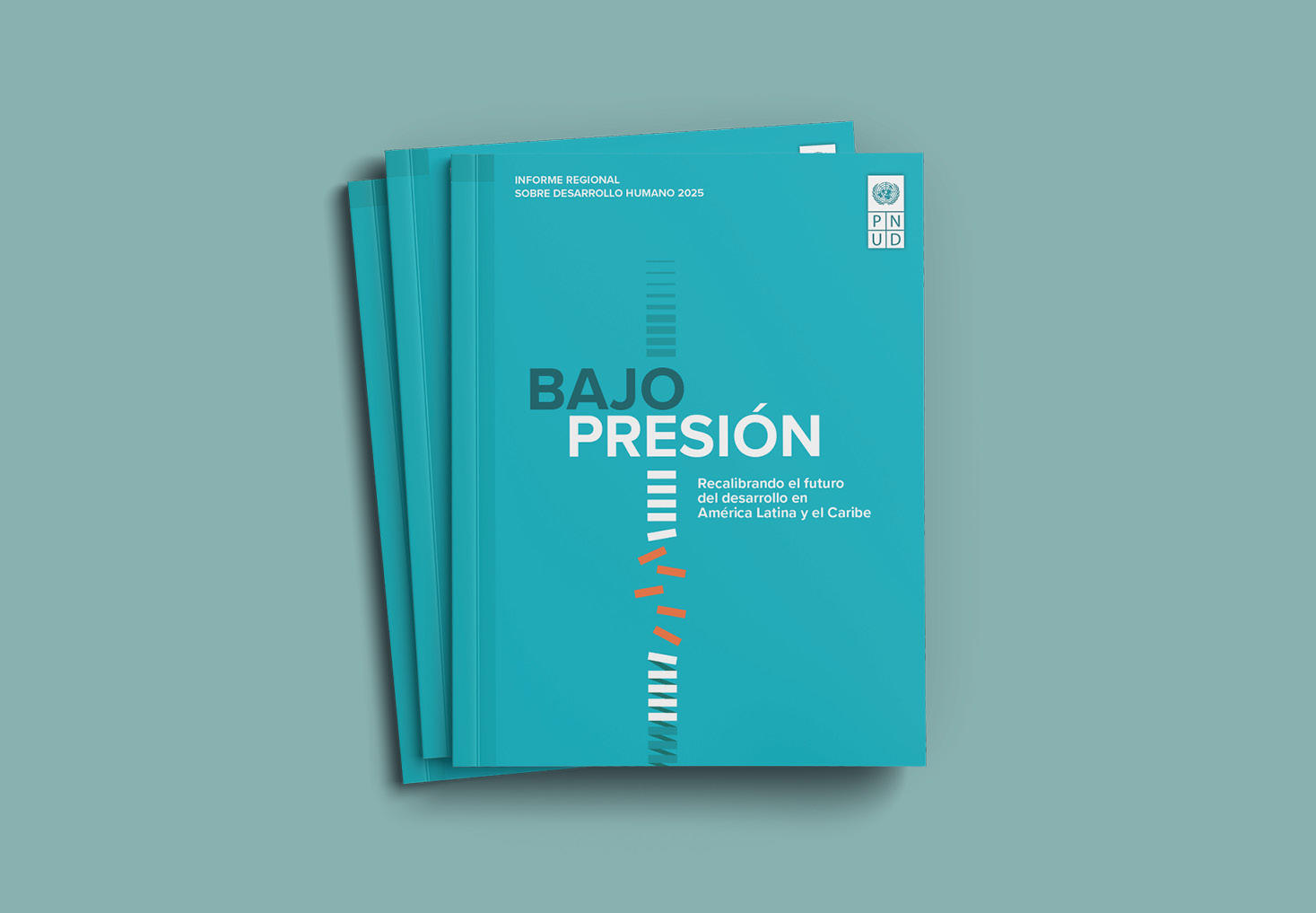 Teal book covers stacked, titled "BAJO PRESIÓN," with minimalistic design elements.