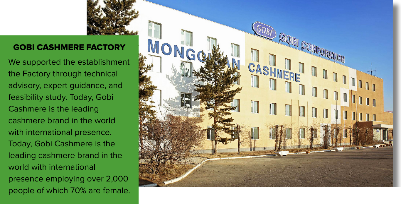 Gobi Cashmere factory building with green plants in front and a clear blue sky.
