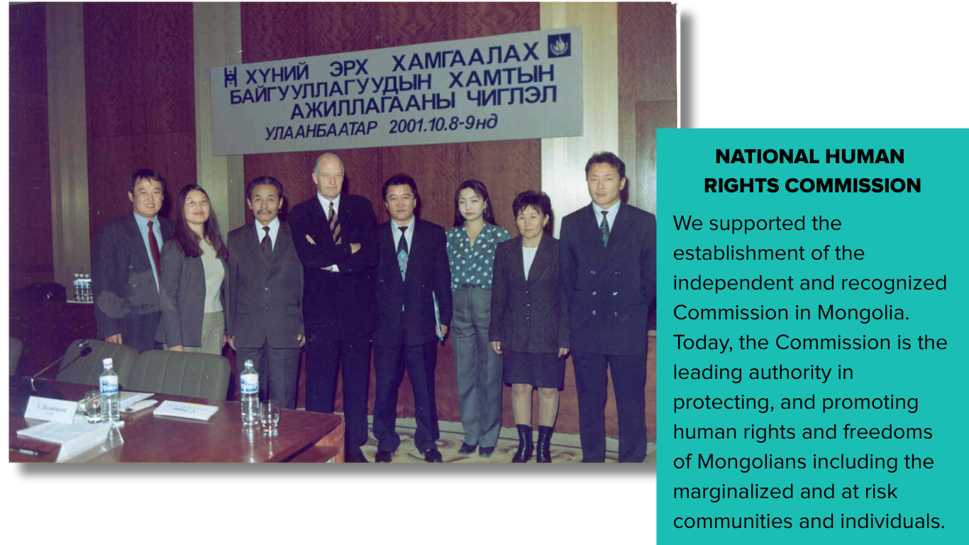 Group photo of individuals at a conference on human rights in Mongolia, smiling and standing together.